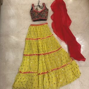 Neon Yellow & Pink embroidered 3-piece Lehenga, Choli, ruffle dupatta set XS